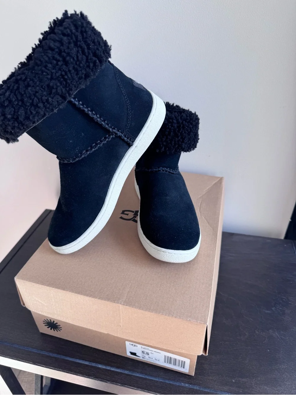 UGG Black Suede Mid-Calf Boots with White Soles